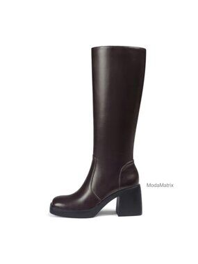 Square Toe Knee High Platform Boots Faux Leather Side Zip Chunky Heel